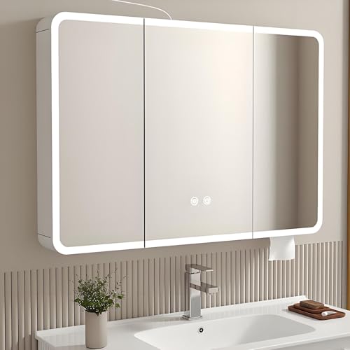 Miroir de courtoisie à LED gris avec meuble de rangement mural