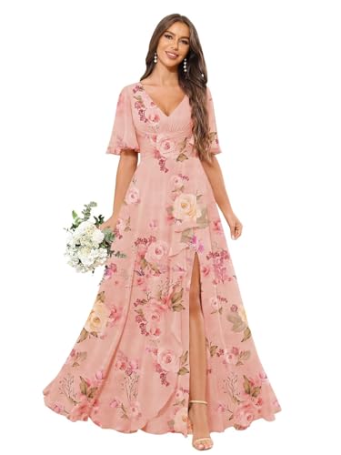 Women's Ruffle Bridesmaid Dresses for Wedding V Neck Chiffon Short Sleeve Pleated Formal Evening Gown