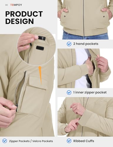 Image of TBMPOY Men's Winter Bomber Jacket Fall Casual Windbreaker Softshell Jackets | Quilted full zip coats, 5 pockets, water resistant, warm, windproof, stand-up collar, for outdoor, hiking, work, business