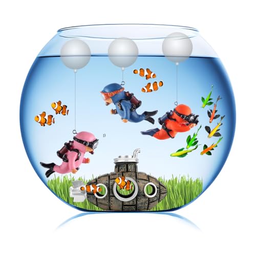 Image of 4 Pcs Fun and Vibrant Fish Tank Decorations - Cute Floating Diver and Retro Submarine Set - Perfect Aquarium Accessories for Betta Fish and Floating Aquarium Decor (Style-02)