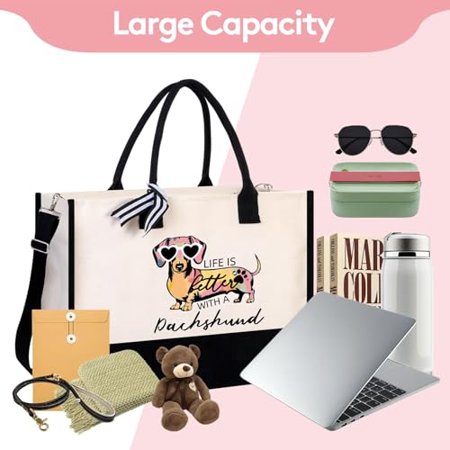 Bolso Tote de Canvas con Cierre Dachshund para Mujer miniatura 3