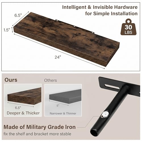 Image of Acovy 24in Long Floating Shelves for Wall Set of 2, Wood Wall Shelves for Bathroom Bedroom Kitchen Living Room Laundry Room, Modern Floating Shelf for Home Decor