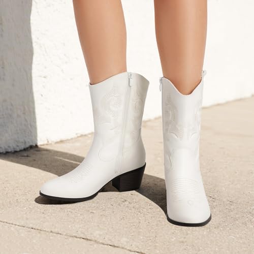 DREAM PAIRS Cowboy Boots for Women, Mid Calf Cowgirl Boots with Embroidery Round Toe Western Chunky Low Heel Shoes,Size 9.5,White,DWUMMB2505
