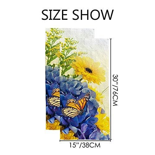 Hand Towels Face Towels Set Of 2 Summer Yellow Blue Butterfly Flowers Soft Comfortable Polyester Microfiber Fast Water Absorbent Towels For Bathroom Kitchen 30X15 Inch #TOP2