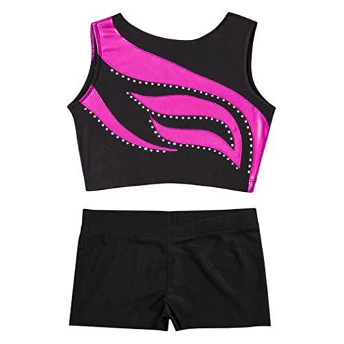 Girls Rhinestone Dance Outfits Sleeveless Straps Gymnastic Leotard Tank Top with Athletic Shorts Tracksuit Unitard3