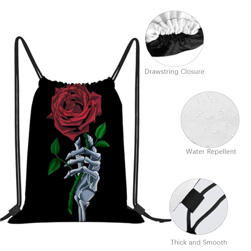 Skeletonn Handd Holdingg Stem Flowerr Graphicc Designn Redd Rosee String bag For Gym3