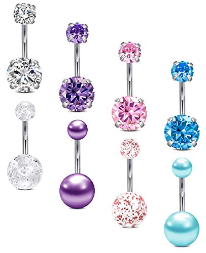 JFORYOU Court Piercing Nombril avec CZ Acier Chirurgical 8Pcs Anneau de Nombril Piercing de Ventre 14G Femme Bijoux de Piercing 10mm Cover