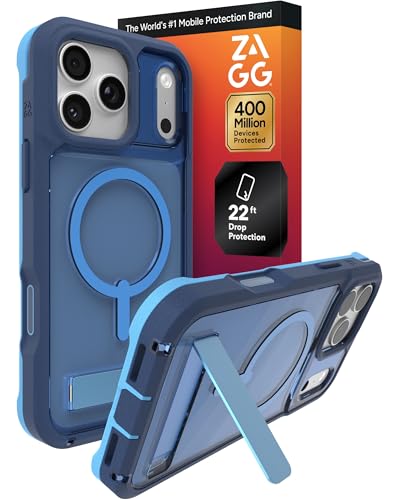 ZAGG Rainier Case with Kickstand for iPhone 17 Pro Max - Blue Cobalt Horizon, Graphene 22ft (7m) Drop Protection, Lanyard Attach Points, MagSafe, Wireless Charging Compatible, Phone Case