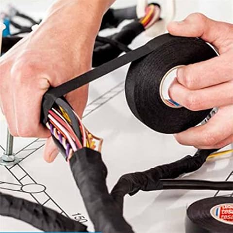 Automotive Wire Harness Cloth Tape, Wire Loom Harness Tape High Temp Wrapping Tape Noise Damping Heat Proof Black Adhesive Fabric Tape Electrical Flannel Tape High Heat Harness Tape 15M*19mm Cover