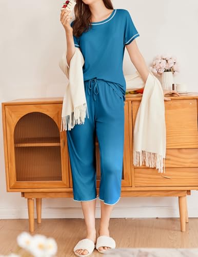 Image of Ekouaer 2 Pack Womens Pajamas Sets Short Sleeve Tops and Capri Pants Pjs Colorful Printed Sleepwear Sets