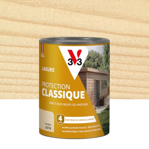 V33 Lasure Bois extérieur Incolore - Protection Classique 4 ans - Protège du grisaillement - Direct bois neufs ou anciens - Texture anti-goutte - 0,75L