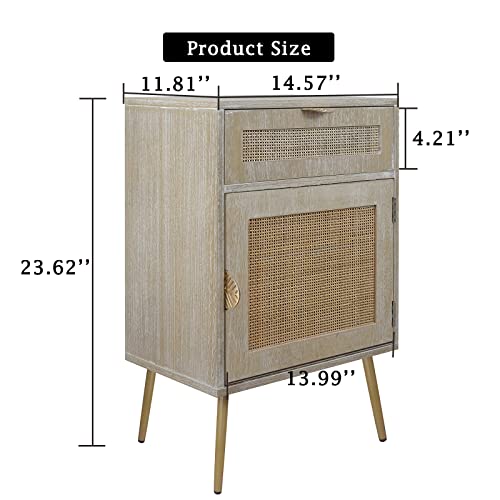Rattan Nightstand, Wekity Retro Bedside Table With Hand Made Rattan Decorated Door & Drawer, Wood Nightstand With Metal Tapered Legs, Small End Table For Living Room Bedroom Dorm 11X14X23 Inch (Small) #TOP1