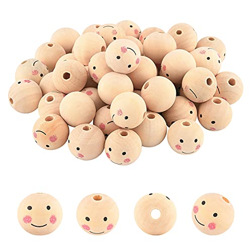PH PandaHall 50pcs 25mm(1 Inch) Face Wood Beads, Large Natural Wood Beads Round Loose Beads with Smile Face for DIY Doll Head, Key Chain, Angel, Craft and Jewelry Making, 5.5mm Large Hole