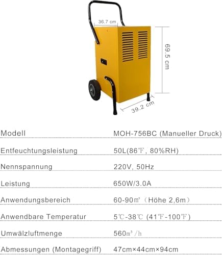 Bild 1 - Luftentfeuchter 50L/Tag – 5,5L Tank – Fläche bis 90 m² / 230 m³ – Auto-Modus & Timer –Bautrockner – für Keller, Wohnung, große Räume(Groß)