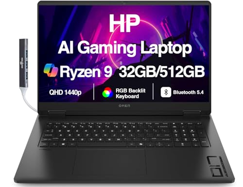 HP OMEN AI Gaming Laptop 17.3" 240Hz IPS QHD Display (AMD Ryzen AI 9 365, GeForce RTX 5070 8GB, 32GB DDR5, 512GB PCIe SSD, RGB KB, WiFi 6, Webcam, Bluetooth 5.4, Win 11 Pro) w/DKZ USB Port Expander