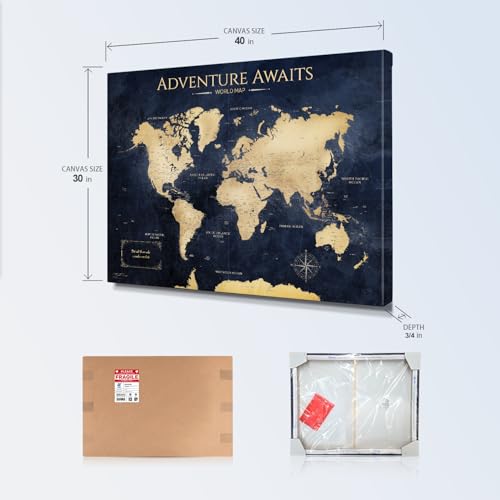 Image of IPIC - Vintage Teal World Map Pin Board Canvas Wall Art, Travel Map with Pins Included, Ready to Hang for Home or Office 40x30 Inch