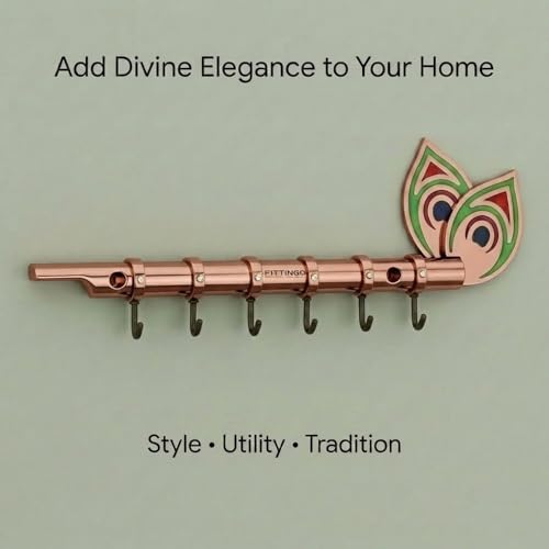 Image of Big Brass Antique Krishna Flute for Key Holder /Key Stand /Keys Hanger Hook /Key Holders for Wall Stylish /Keys Rack Hook /Key Hanging Hooks - Home Decor, Wall Mount - 6 Hooks (Rose Gold)
