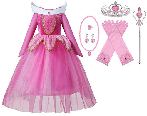 Sleeping Beauty Aurora Long Sleeve Princess Costume Kid Halloween Party Girl Cosplay Dress Up Gown Set, Size 5-6
