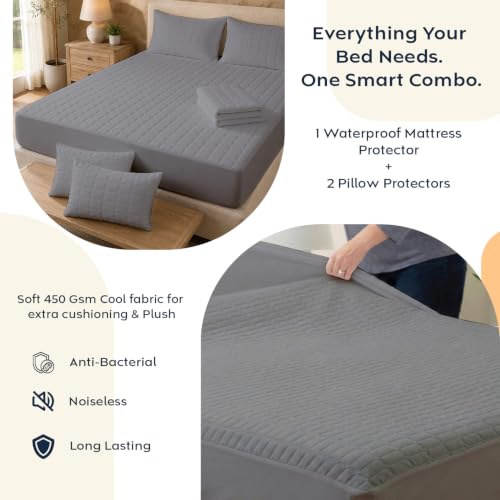 Image of AYKA Combo Pack Waterproof Mattress Protector & 2 Pillow Protectors | King 78x72 Inch | 100% Waterproof Box Quilted Bed Protector | Breathable, Noiseless Mattress & Pillow Covers | Grey