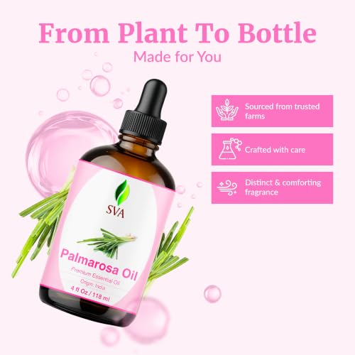 Image of SVA Palmarosa Essential Oil 4 Fl Oz - for Diffuser, Skin & Hair Care - Ideal for Massage & DIY Blends - with Dropper