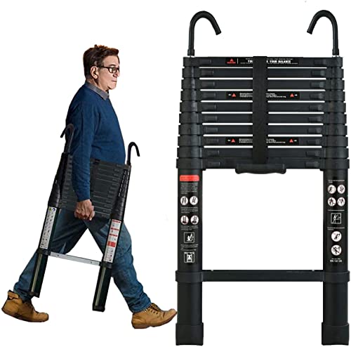 3.2M Teleskopleiter mit Haken, Rutschfester Ausziehleiter Klappleiter Schiebeleiter aus hochwertiges Alu, 13 Stufen Stehleiter Mehrzweckleiter, 150kg Belastbarkeit