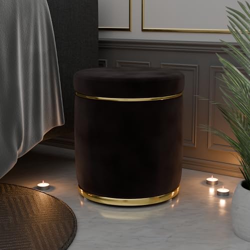 Image of ETIQUETTE ART Upholstered Velvet Round Dual Strip Ottoman Office Stool Foot Rest Stool Linen Fabric Padded Seat Pouf Ottoman with Round Shape for Living Room (Brown)