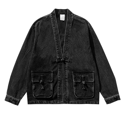 Mens Trendy Japanese Style Denim Kimono Jackets One Button Casual Washed Jean Jacket Hip Hop Distressed Vintage Coats