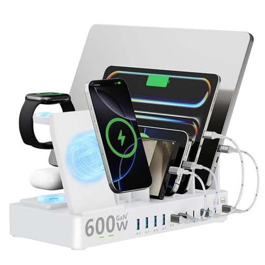 600w Charging Station for Multiple Devices, 15 in 1 Wireless Charging Station for Apple, Dual 100w USB C Tablet Charging Station for MacBook,iPhone,iPad,Tablet (White)