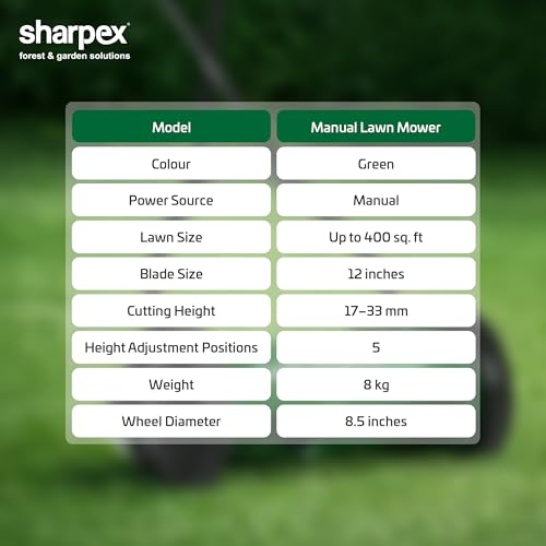 Image of Sharpex 12 inch Manual Push Lawn Mower for Home Garden | 17-33mm Grass Cutting Range | 5 Height Adjustment Positions | Suitable for up to 400 sq ft | Without Grass Catcher | Made in India | Green