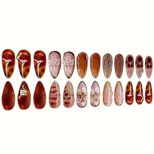 Image of Flower Press on Nails Brown Fake Nails with Gold Design Fall Glue on Nails Medium Almond False Nail Glossy Full Cover Artificial Acrylic Stick on Nail for Women Girls Manicure 24Pcs