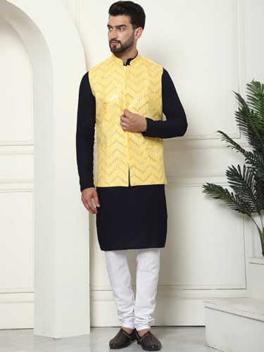 Image of SOJANYA (Since 1958 Men's Cotton Linen Maroon Kurta and White Pyjama with Mustard Cotton Nehru Jacket