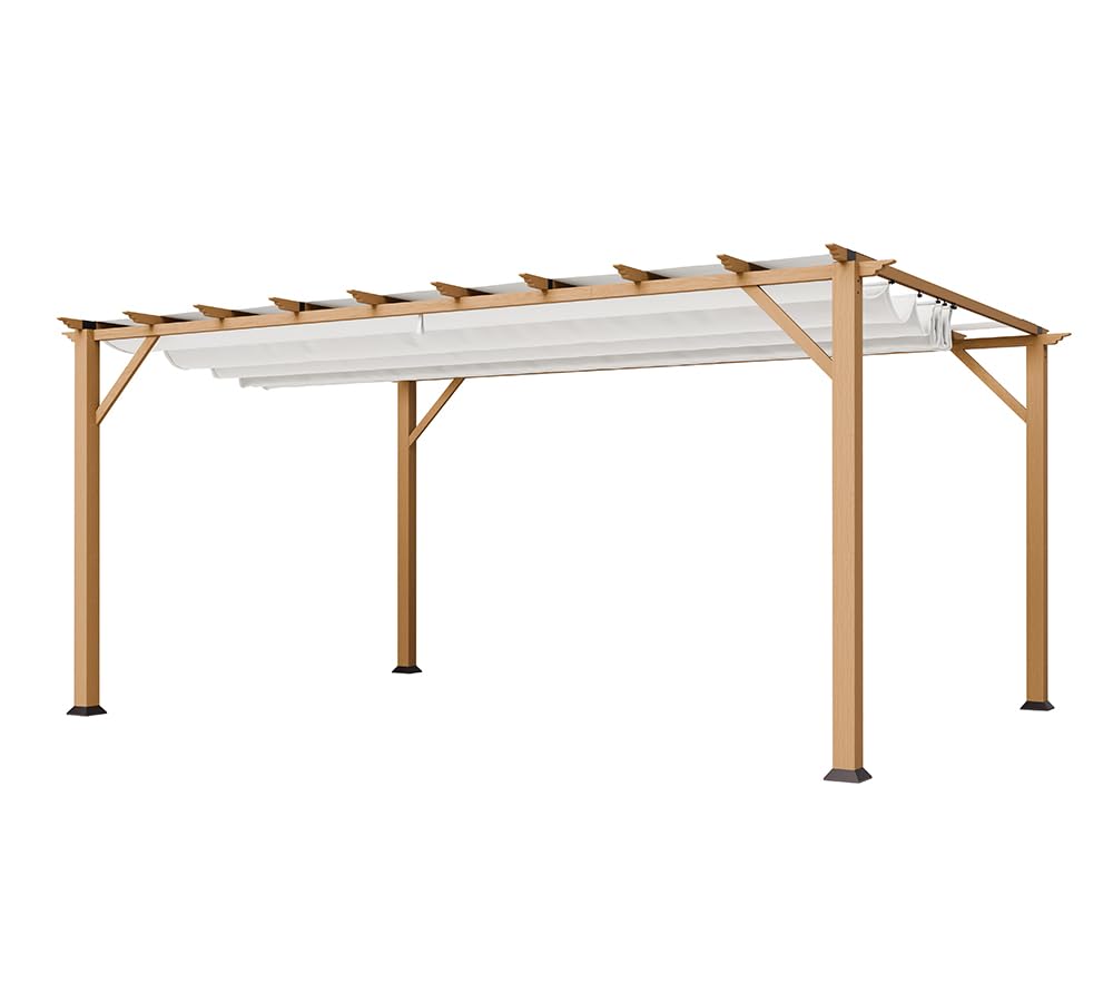 Paragon Outdoor 11’ x 16’ Florence Alumnum Pergola, Powder-Coated Aluminum Frame in Canadian Cedar Wood Grain Finish with Soft Top Retractable Canopy in White for Backyard, Patio, Porch, Garden