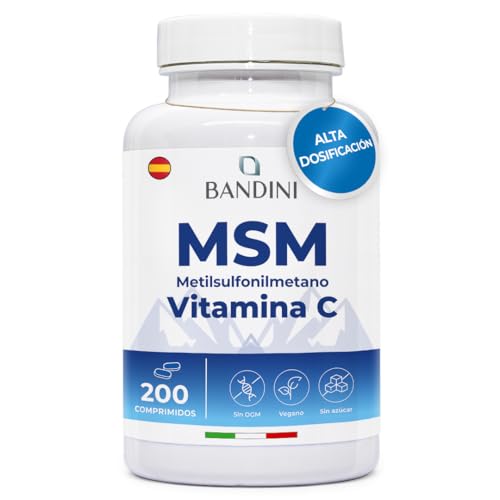 Bandini® MSM vegano 2000 mg de azufre en polvo + Vitamina C natural por Dosis Diaria | Metilsulfonilmetano 99,9% Puro | Antiinflamatorio Natural + Articulaciones + Dolor Espalda | 200 comprimidos