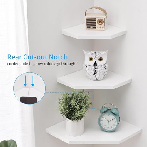 Image of Corner Floating Shelves, White Corner Wall Shelf Set of 2, Solid Oak Wood Corner Shelves Wall Mount Shelf with Wire Hole Small Plant Display for Kitchen Living Room Bedroom