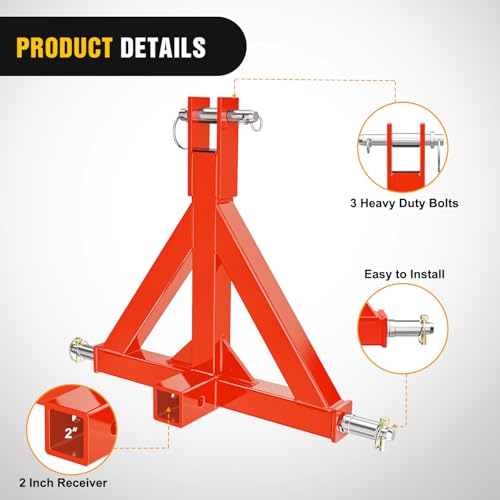 Image of Nilight 3 Point 2 inch Trailer Hitch Receiver Category 1 Heavy Duty Tractor Drawbar Adapter Compatible with Kubota Bx John Deere Nortrac Kioti Yanmar Cat Orange
