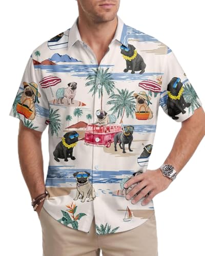 Tropical Paradise Cruise Shirt for Men - Short Sleeve Button Down Hawaiian Shirt - Pug Dog Tropical Summer Vacation Print