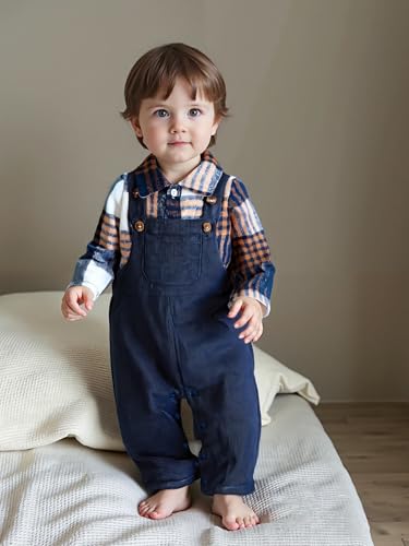 Renotemy Baby Boy Clothes Flannel Plaid Bodysuit+Corduroy Overalls+Beret Hat 3Pcs Fall Winter Outfits for 3-24 Months Boys2