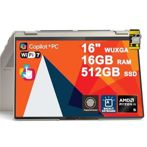 Lenovo Yoga 7 2-in-1 Laptop 16' WUXGA IPS Touch (Glossy Anti-fingerprint) AMD 8-core Ryzen AI 5 340 (Up to 50 AI TOPS) 16GB RAM 512GB SSD For Creator Business Professional Win11Pro ICP Hub Copilot+ AI