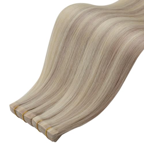 Image of LaaVoo Tape in Hair Extensions Human Hair Invisible Seamless Tapes in Ash Blonde with Bleach Blonde Hair Extensions Tape in Human Hair Silky Straight 16 Inch 50g 20Pcs