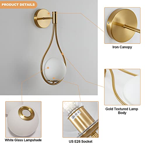 Image of KCO Modern Brass Gold Teardrop Wall Sconce Milk Glass Bathroom Vanity Light | E26 Bulb Included, Indoor Hardwired, Mid Century Wall Light for Bedroom Bedside Kitchen Hallway Living Dining Room Stairway