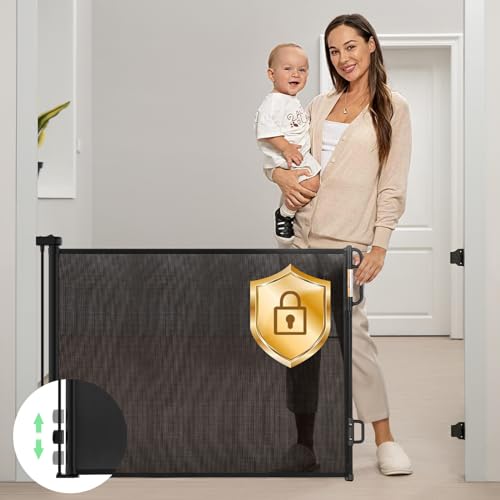 momcozy US Momcozy Retractable Mesh Baby Gate or Dog Gate, Child Safety Gate for Indoor or Outdoor, 33-inches Tall with up to 55-inches Wide Extension, Avoid Skirting Installation, Black