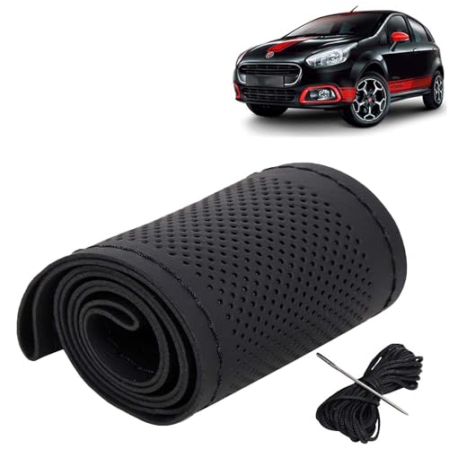 Image of KINGSWAY PU Leatherite Car Steering Cover Sewable Compatible with Fiat Abarth Punto (Year 2005-2019), Black Color with Black Thread, Pack of 1 with Sewing Needle and Thread