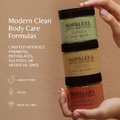 Image of Nopalera Cactus Body Scrub and Exfoliator, Flor de Madera, 7 oz | 3-in-1 oil cleanser, exfoliant, moisturizer with cactus oil. Clean beauty for sensitive skin