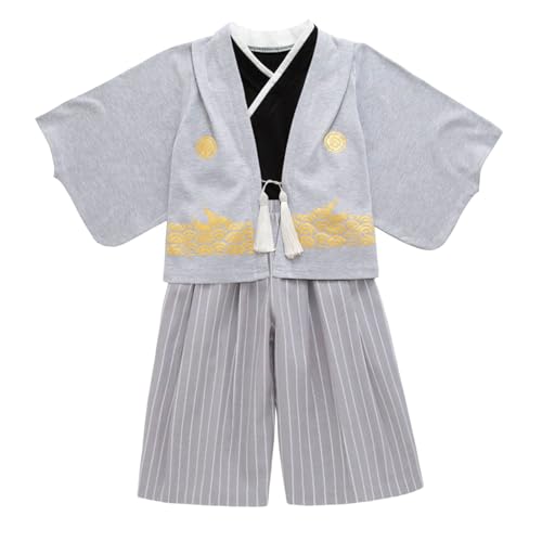 Ropa festiva para bebé niño, 1 juego de kimono, ropa tradicional, disfraz de kimono tradicional, trajes para niños, tela negra, pijama para niños 86 (gris claro, 3-4 años)