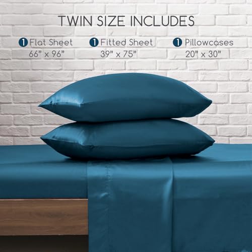 Image of MR&HM Satin Bed Sheets, Twin Size Sheets Set, 3 Pcs Silky Bedding Set with 15 Inches Deep Pocket for Mattress (Twin, Teal)