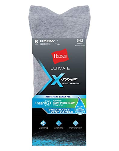 Hanes Ultimate Mens X-Temp FreshIQ Crew Socks 6-Pack, 6-12, Grey