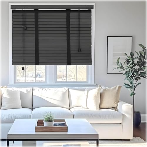 Window Faux Wood Blinds for Home Wood Privacy Window Shades for Doors 2 inch Slats Kitchen Cordless Window Blinds 10-80 inches Wide for Living Room Bedroom 20-100 inches Length(Black)