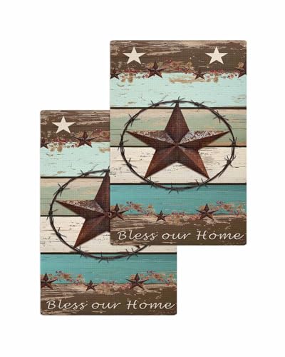 West Texas Star Rustic Hand Towels Set,Waffle Weave Kitchen Towels 2 Pieces,Farmhouse Teal Green Wood Plank Microfiber Hair Face Bath Tea Towel Absorbent Quick Drying Cleaning Dish Cloths,15.7