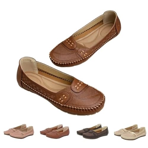 Women's Loafers Classic Leather Slip On Casual Classic Comfort Leather Loafers Business Work Office Dress Shoes (khaki,25.0 cm)