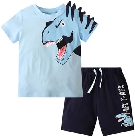 Toddler Boy Summer Outfits Clothes, Kids Boys Short Sleeve Cotton T-Shirt and Shorts Clothing Sets 18M-8Y (7-8 Years, Blue Dinosaur)